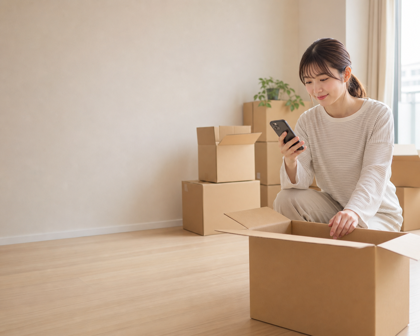明るい新居で引越し準備を進める女性