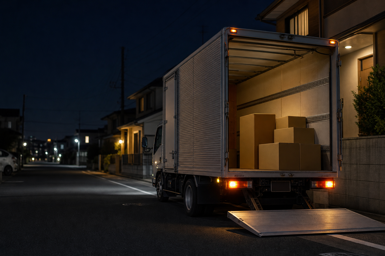 夜の住宅街で荷下ろしをする引越しトラック