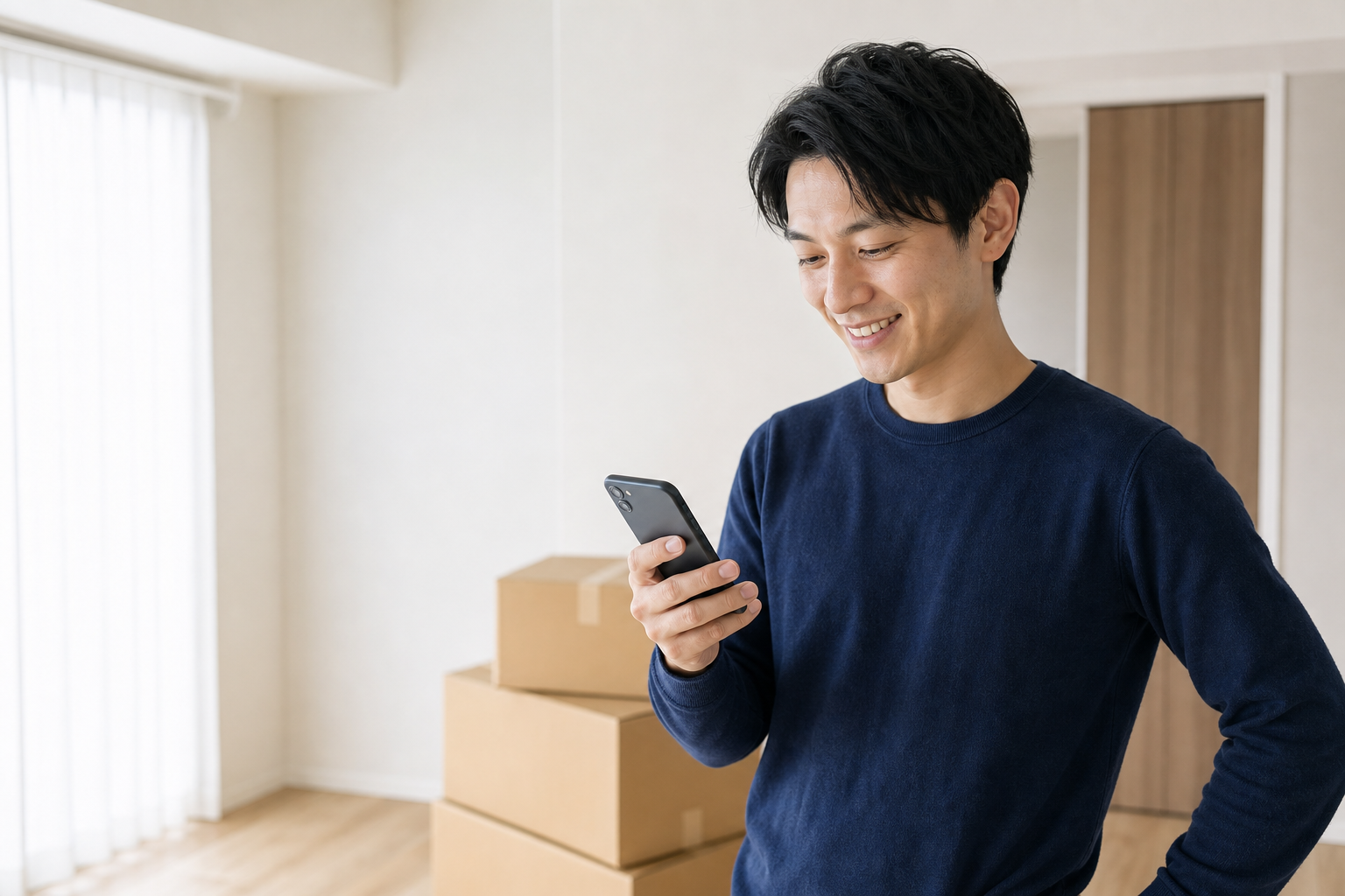 手続きを終えてスマートフォンを見る男性