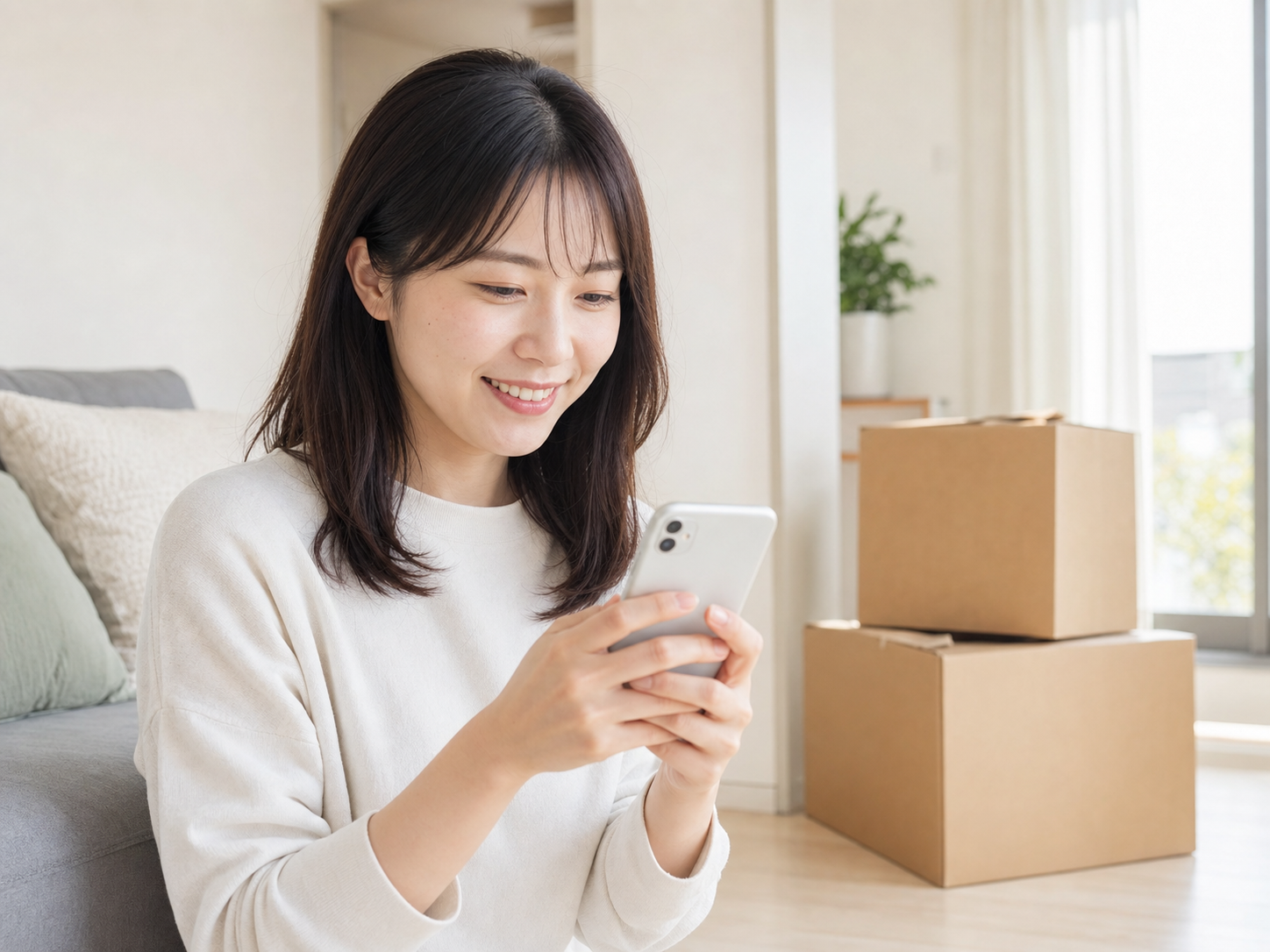 新居でスマートフォンを確認する女性
